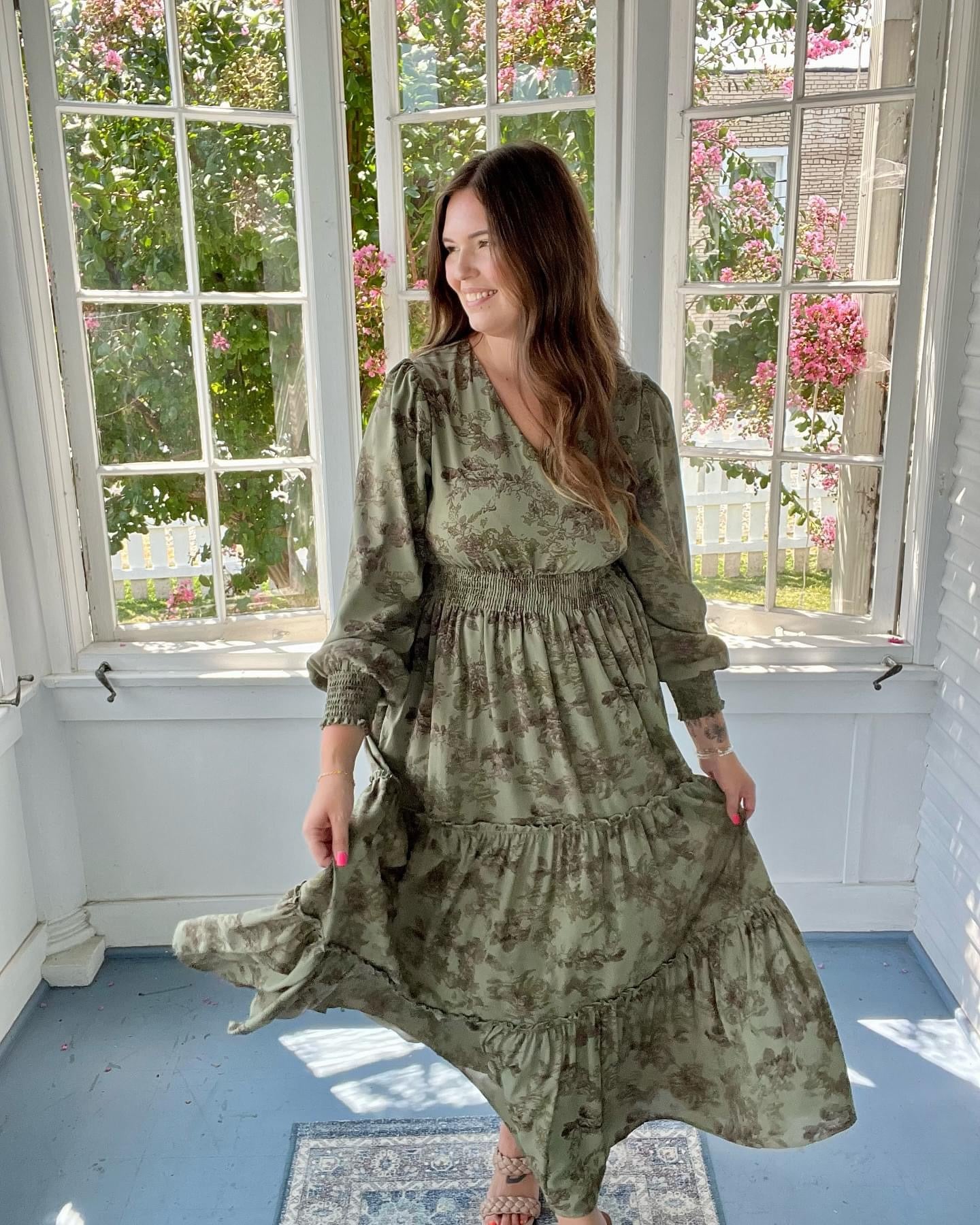 Long sleeved green floral dress