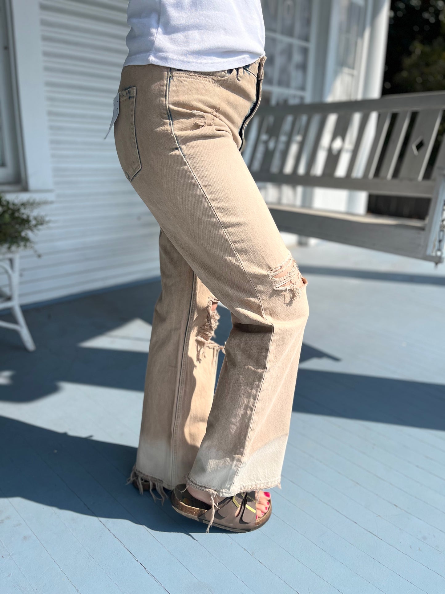 Acid Wash Distressed Camel Jean