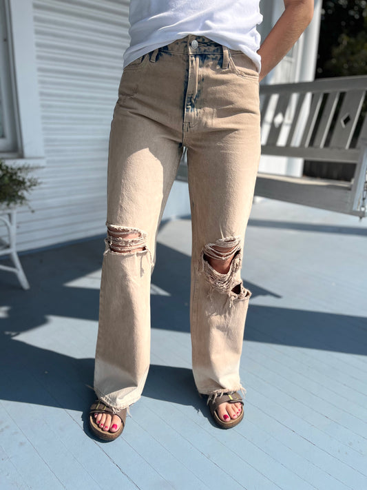 Acid Wash Distressed Camel Jean