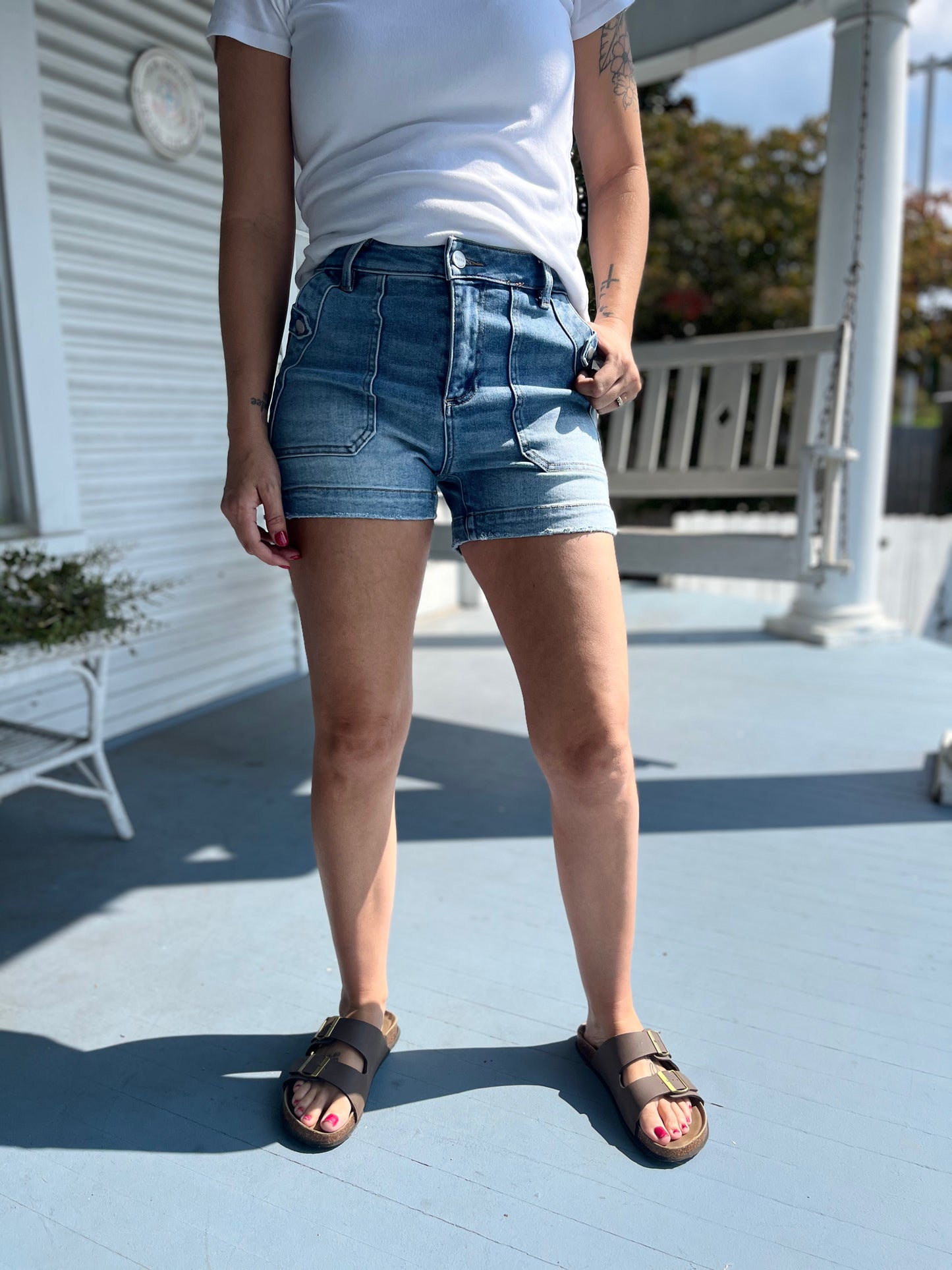 High Rise Patched Pocket Shorts