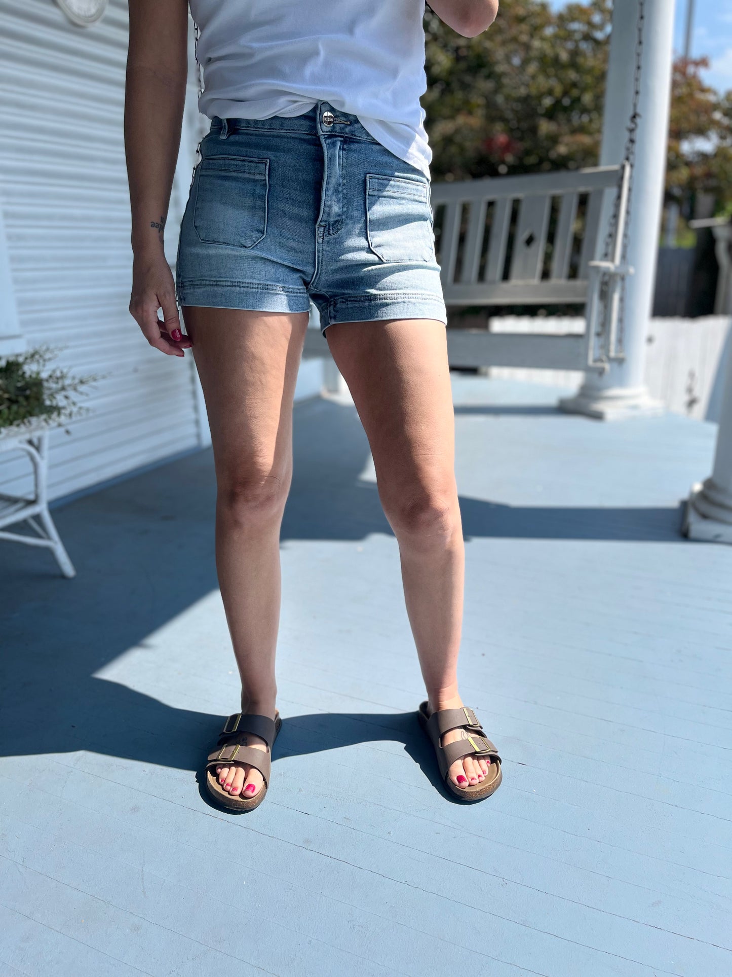 Low Rise Patched Pocket Denim Shorts