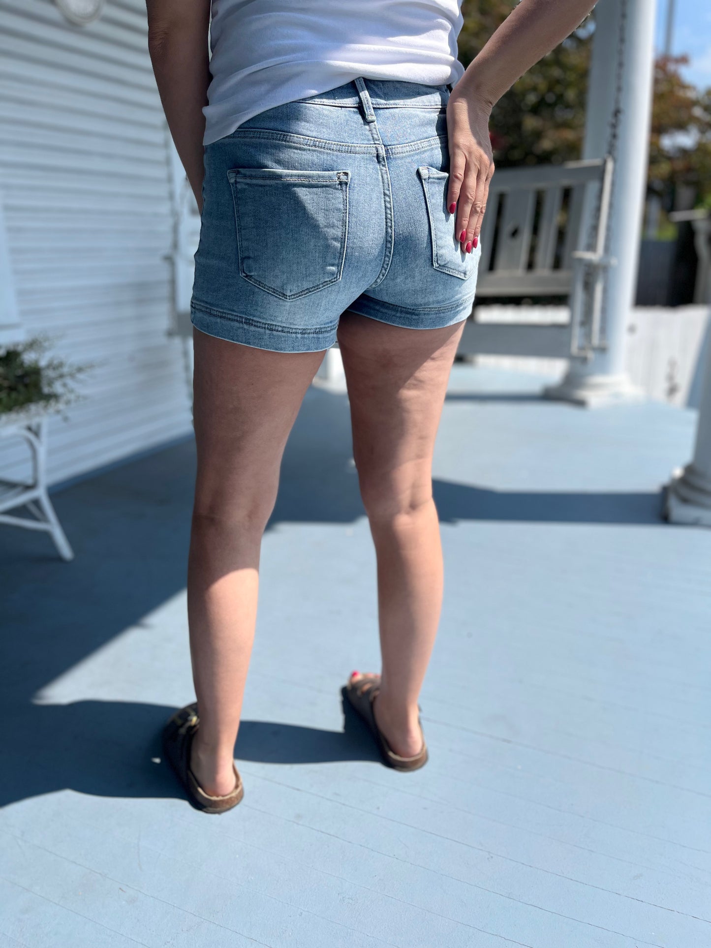 Low Rise Patched Pocket Denim Shorts