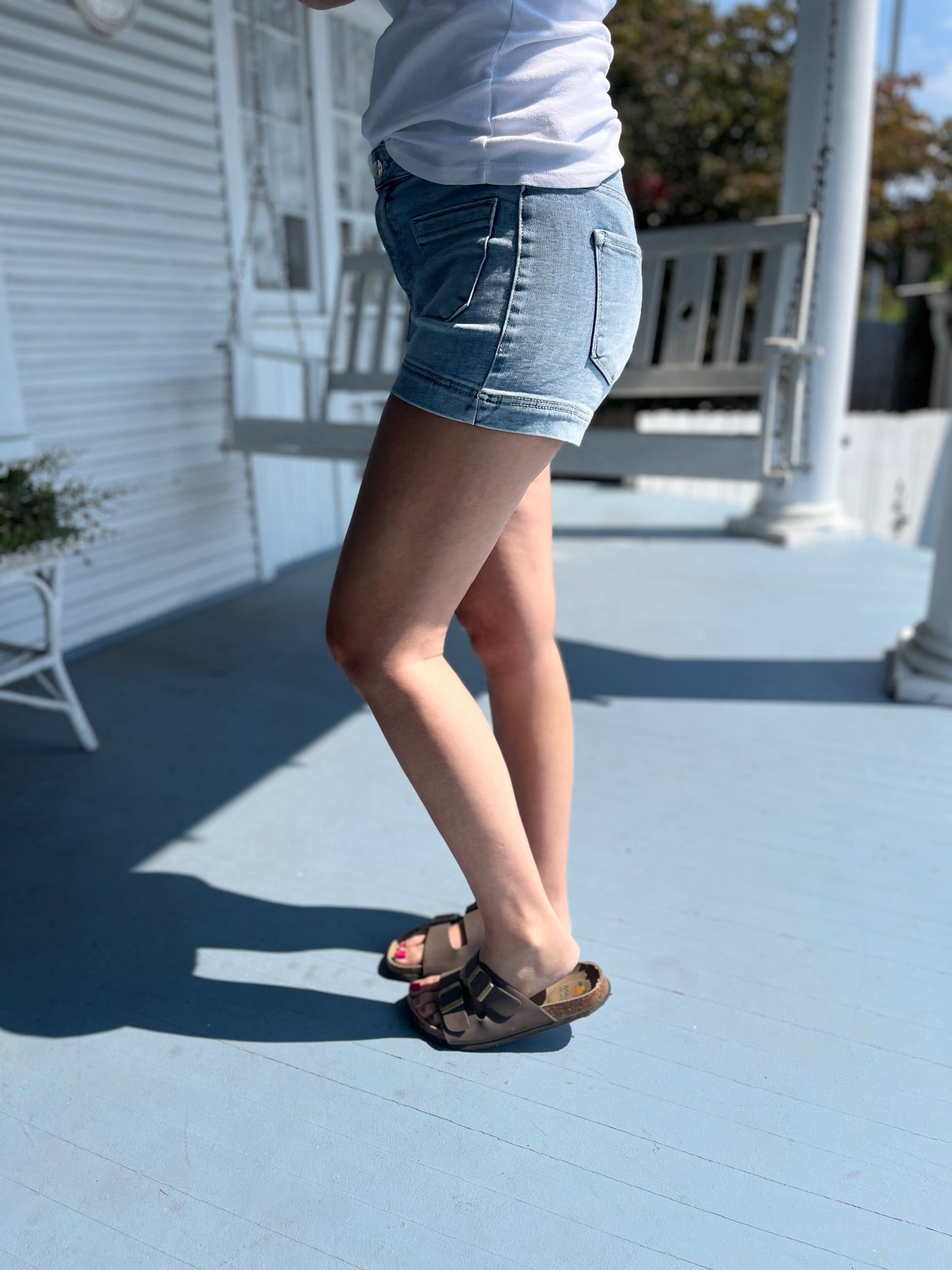 Low Rise Patched Pocket Denim Shorts