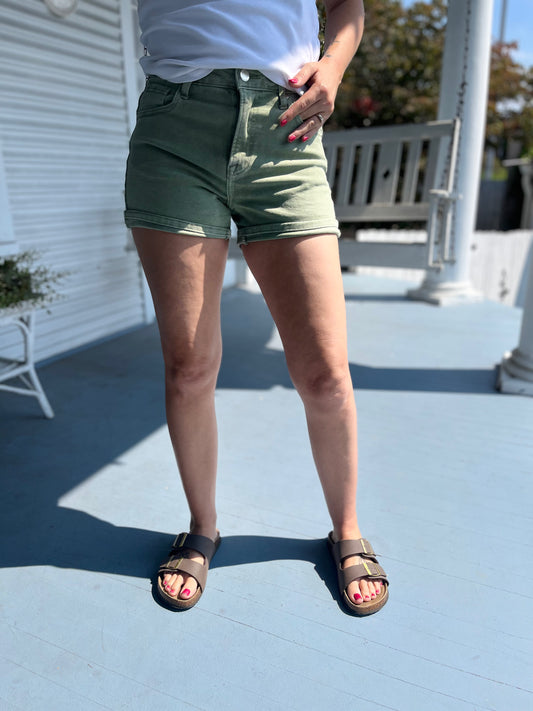 High Rise Cuffed Green Denim Shorts