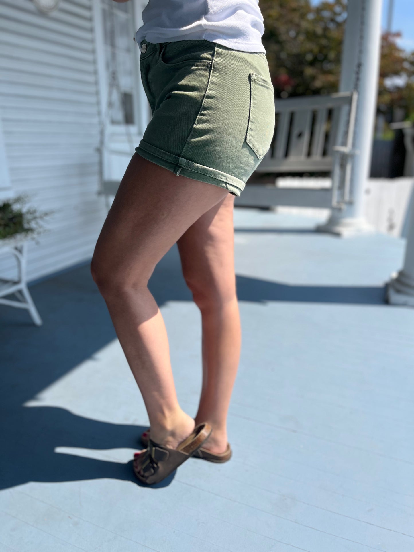 High Rise Cuffed Green Denim Shorts