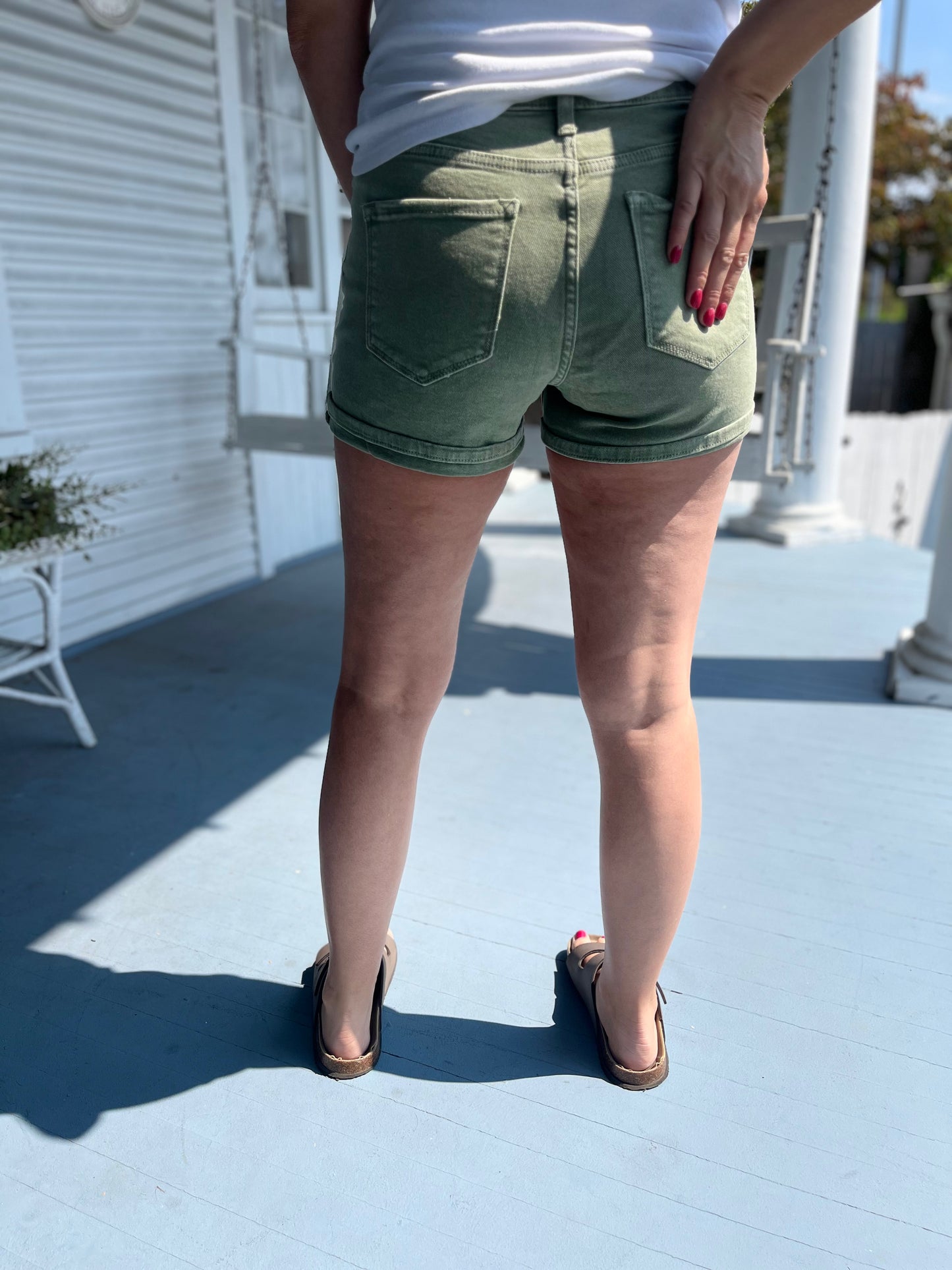 High Rise Cuffed Green Denim Shorts