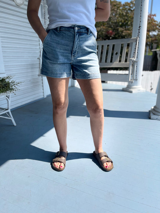 High Waist Patched Pocket Denim Shorts