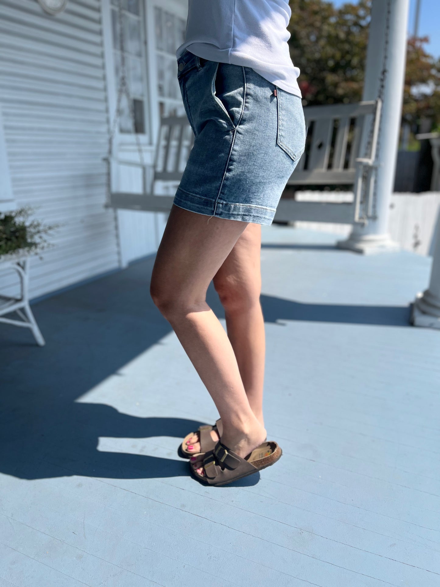 High Waist Patched Pocket Denim Shorts