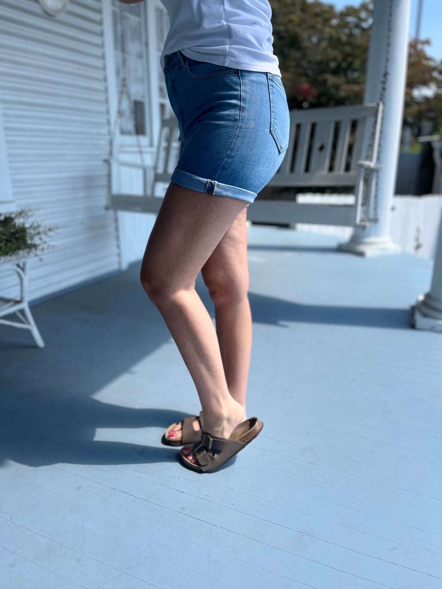High Rise Rolled Up Denim Shorts