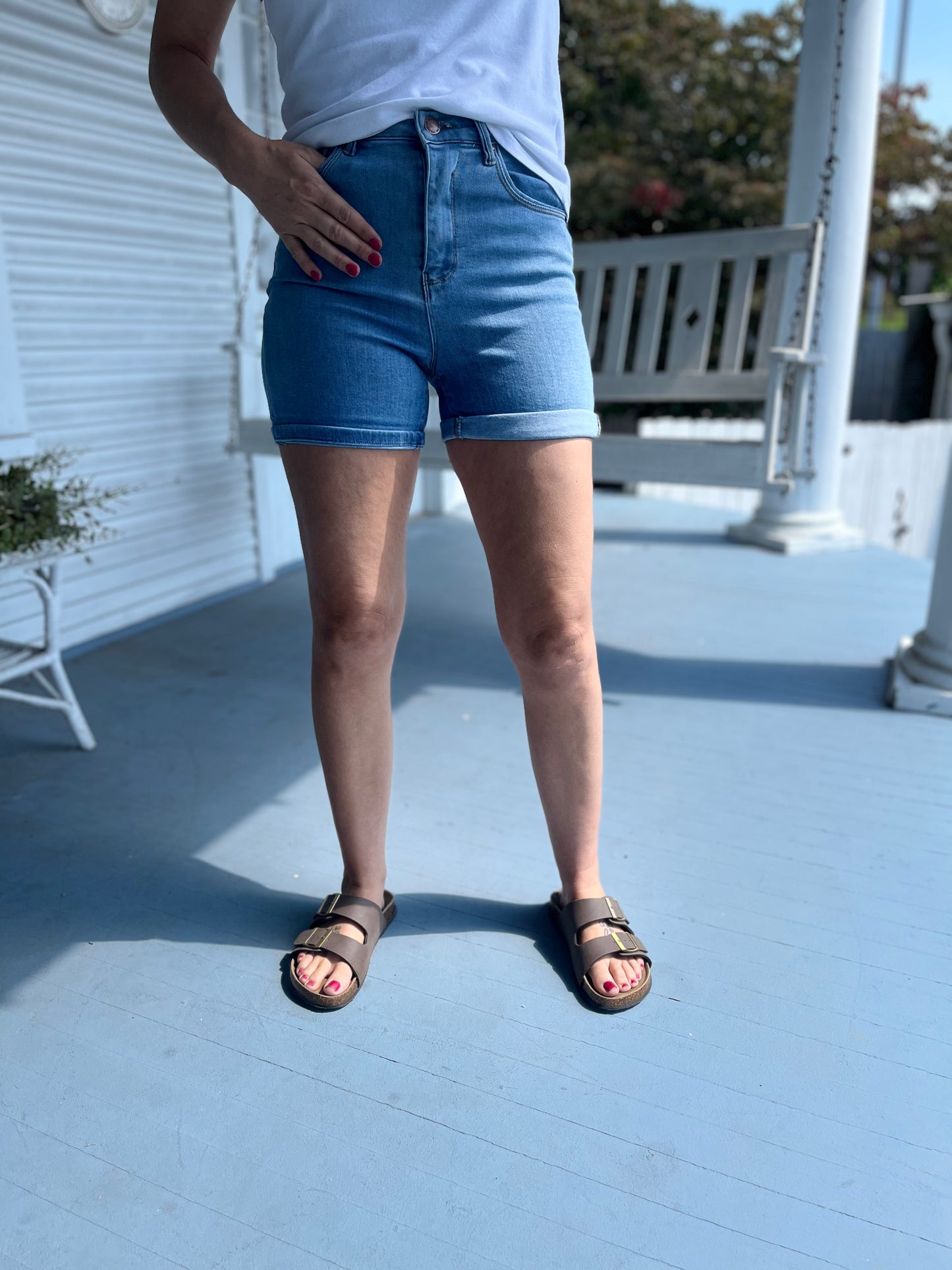 High Rise Rolled Up Denim Shorts