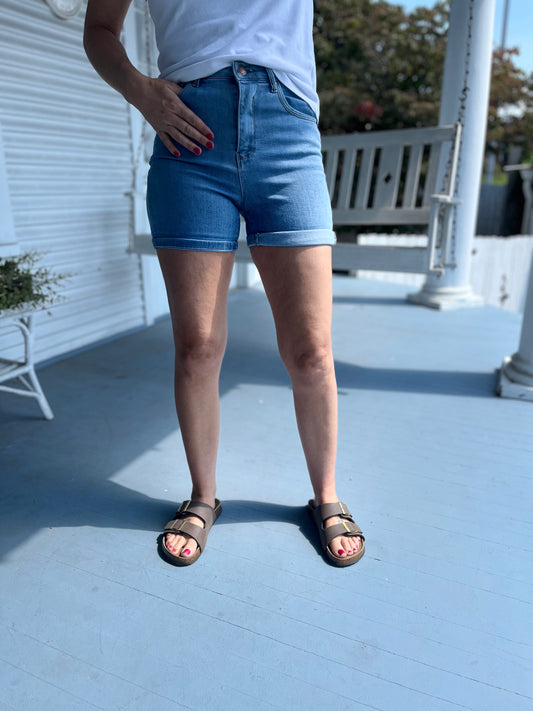 High Rise Rolled Up Denim Shorts