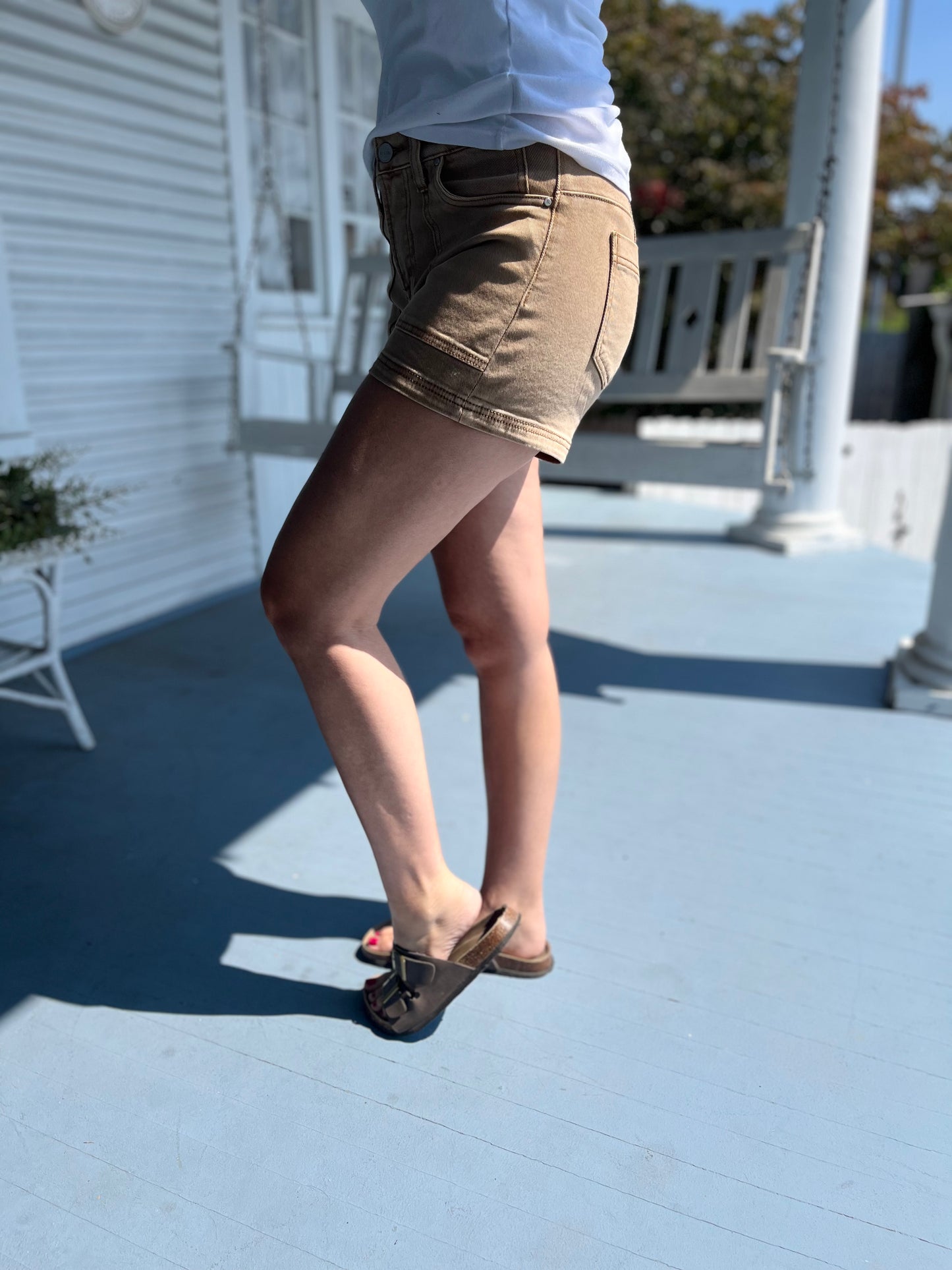 Mid Rise Front Patch Camel Denim Shorts