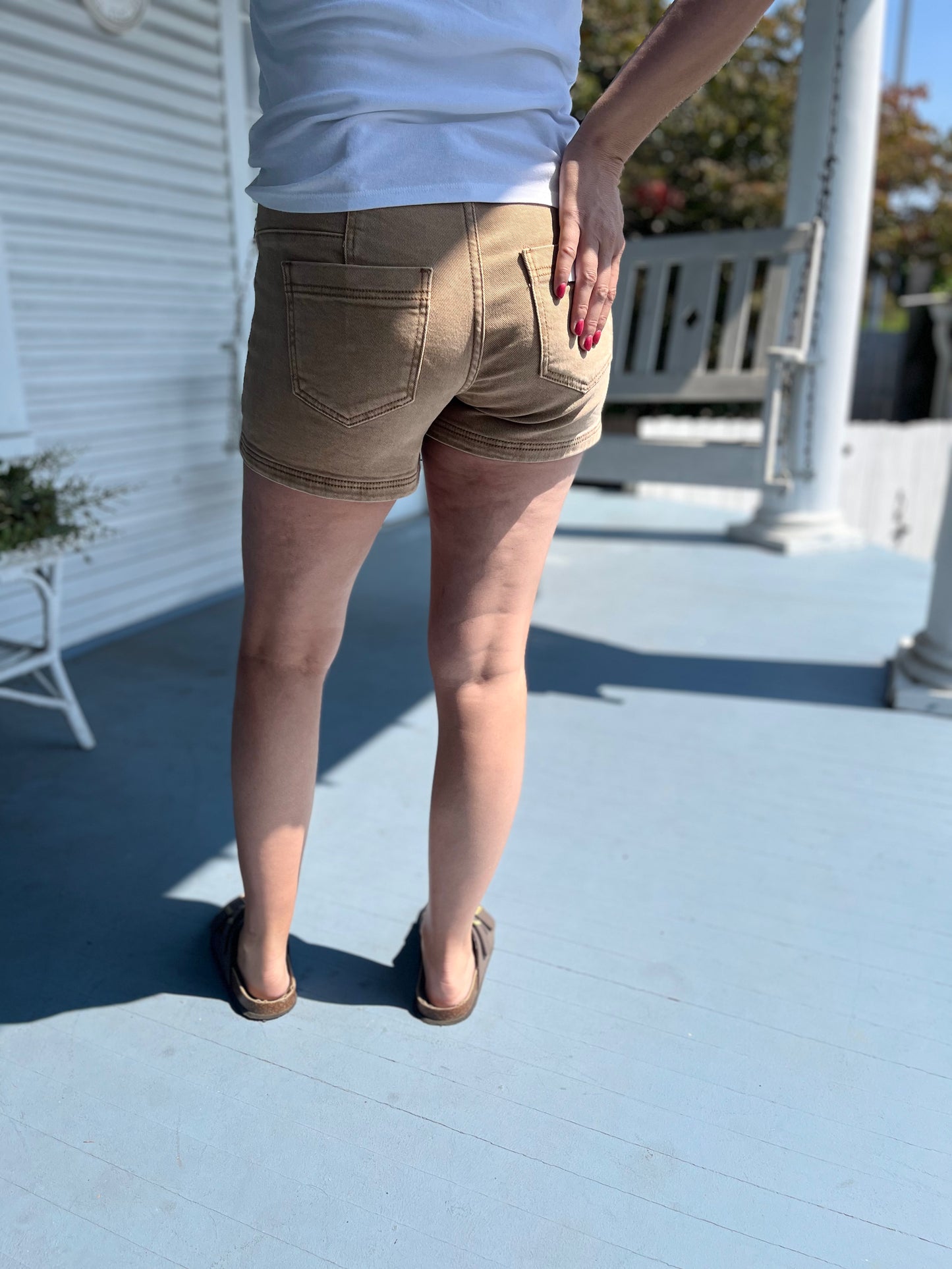 Mid Rise Front Patch Camel Denim Shorts