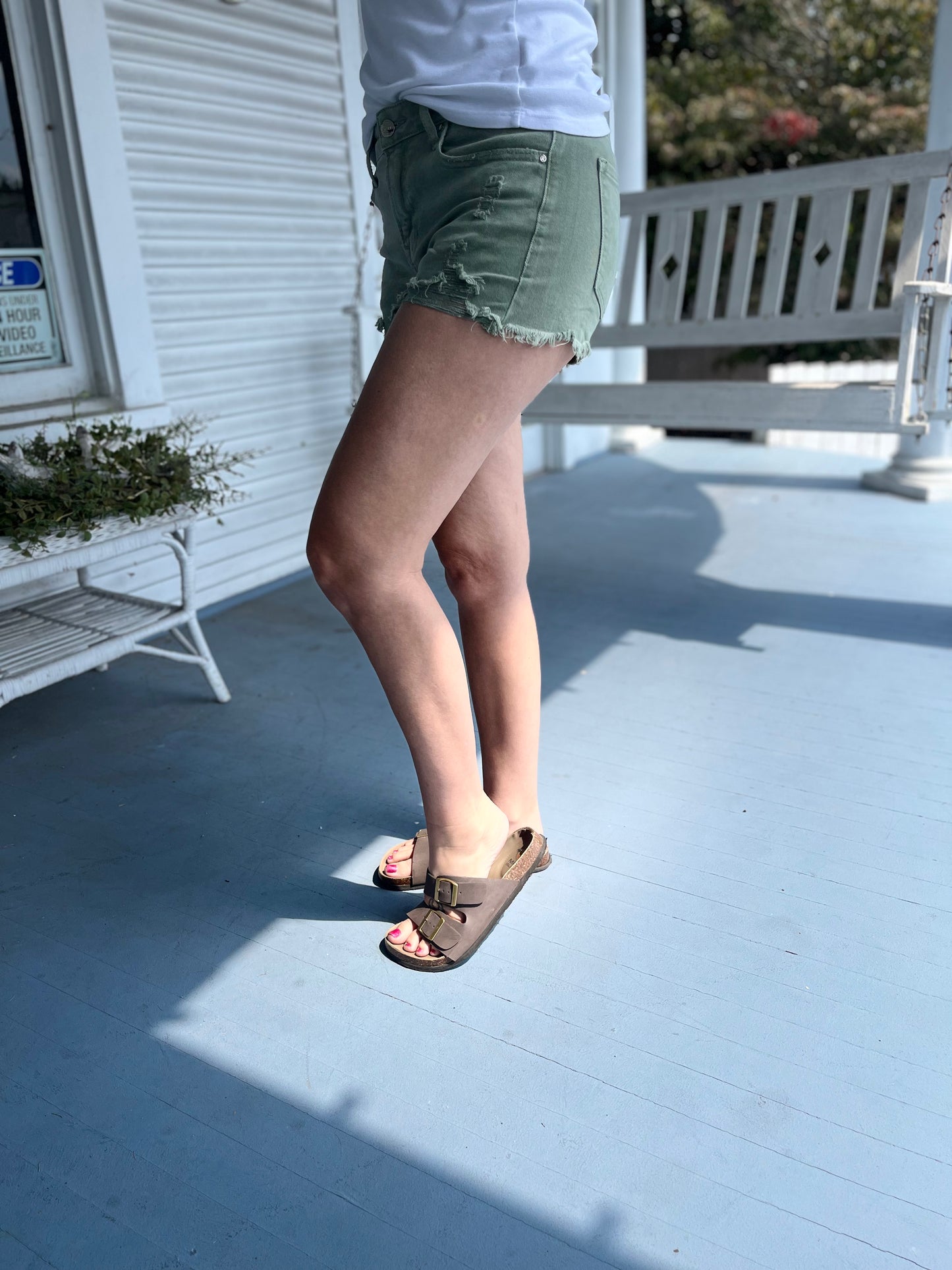 Mid Rise Frayed Hem Green Denim Shorts