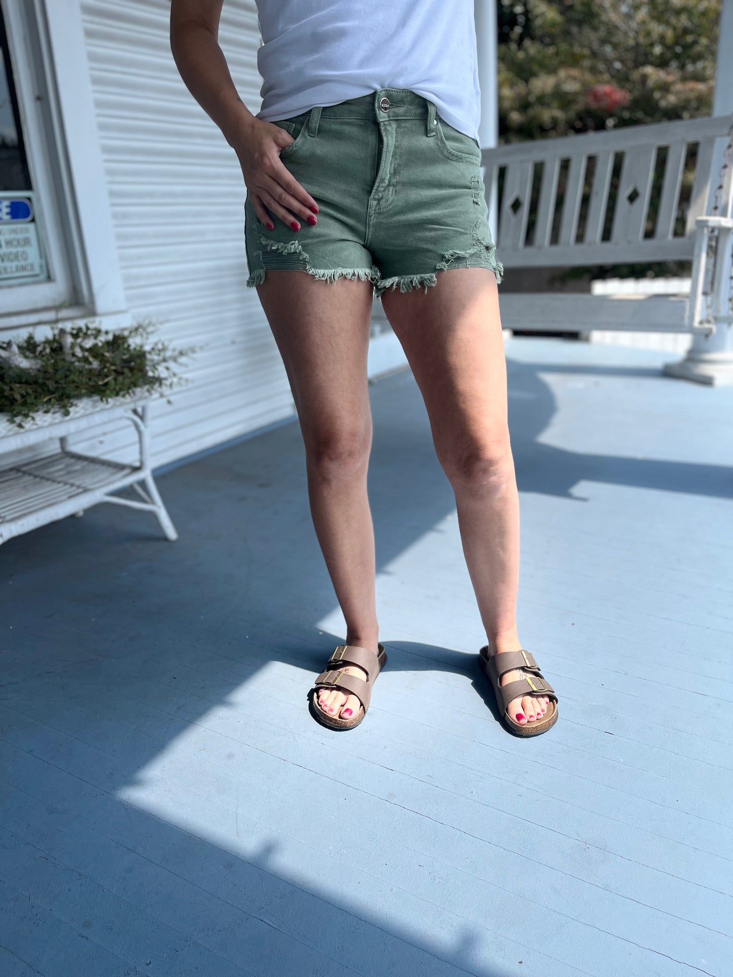 Mid Rise Frayed Hem Green Denim Shorts