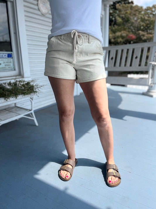 Rope Drawstring Khaki Denim Shorts