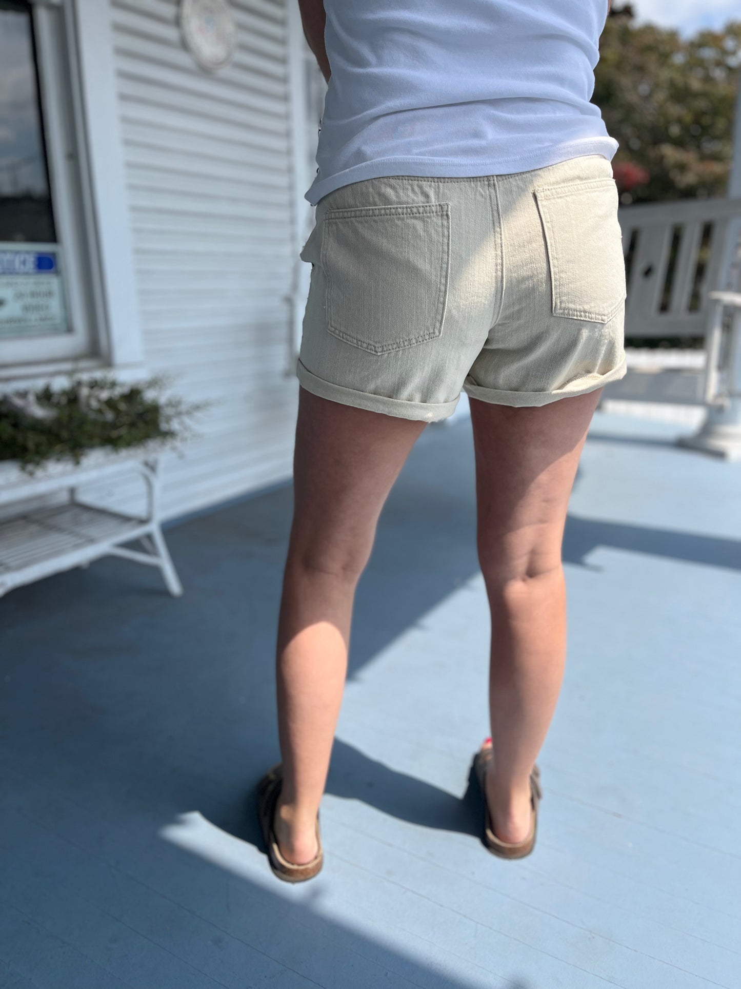 Rope Drawstring Khaki Denim Shorts