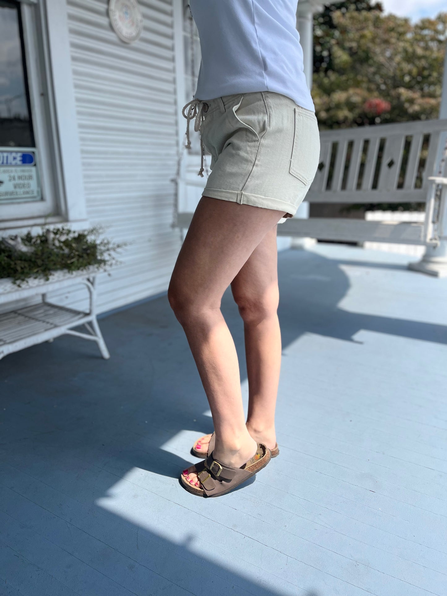 Rope Drawstring Khaki Denim Shorts