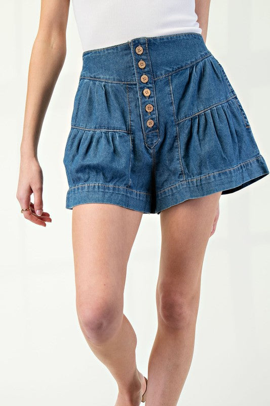 Pleated Button Down Denim Shorts