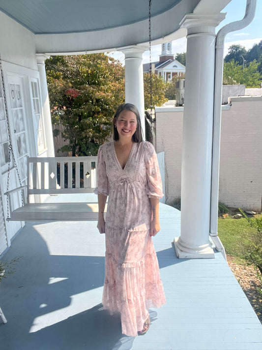 Flower Printed Mesh Lace Trim Maxi Dress
