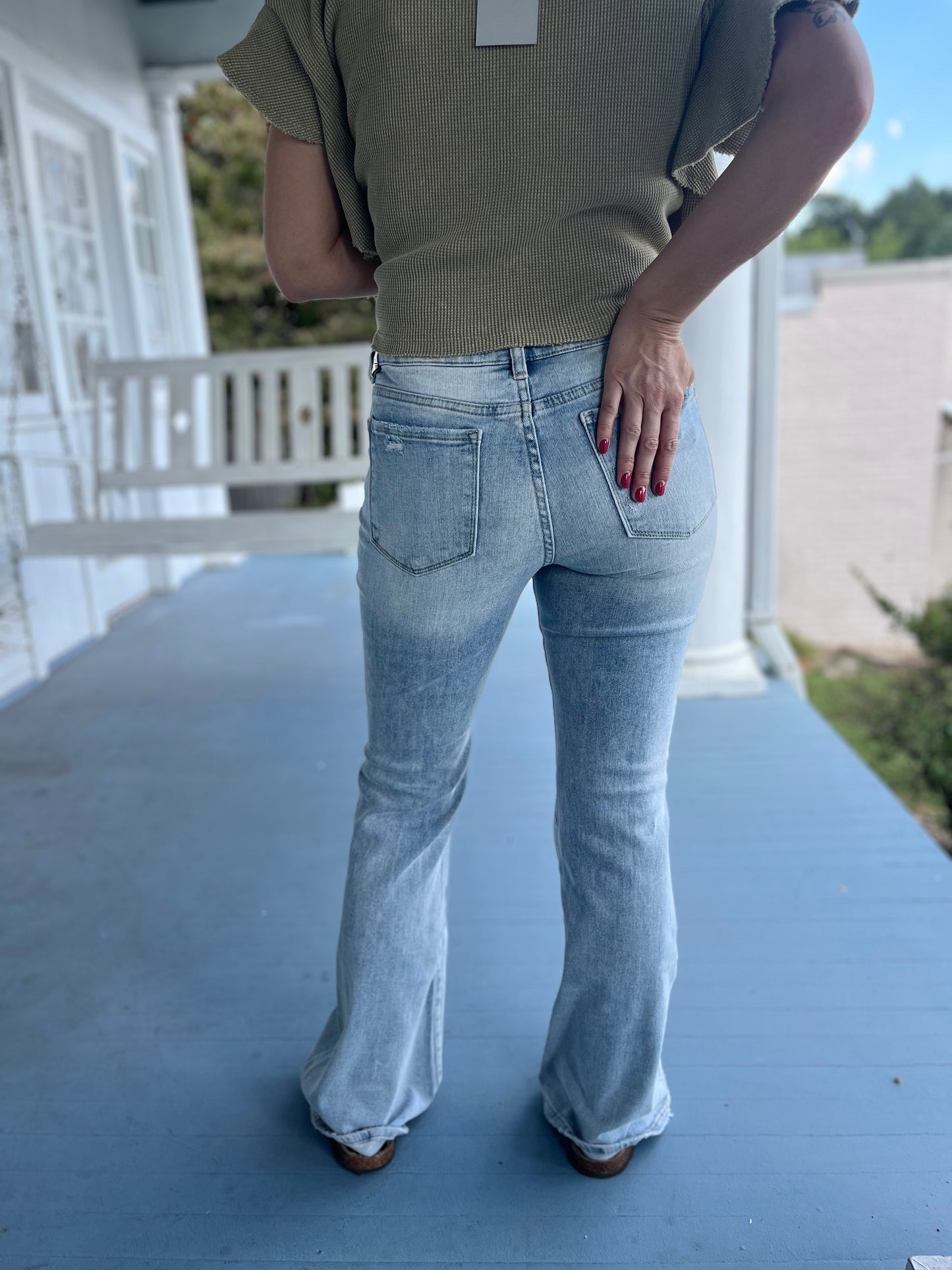 Mid Rise Button Down Flare Jean