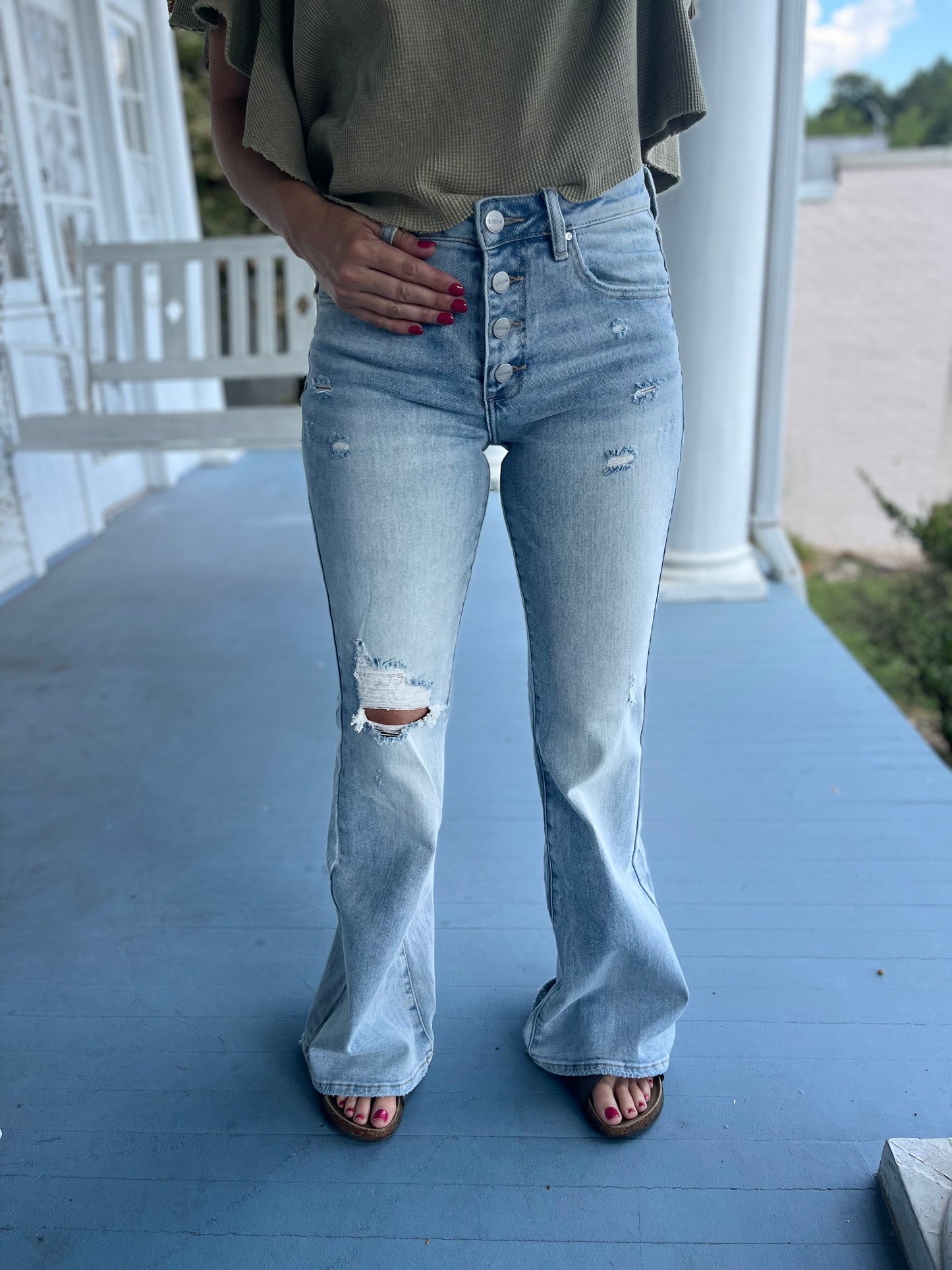 Mid Rise Button Down Flare Jean
