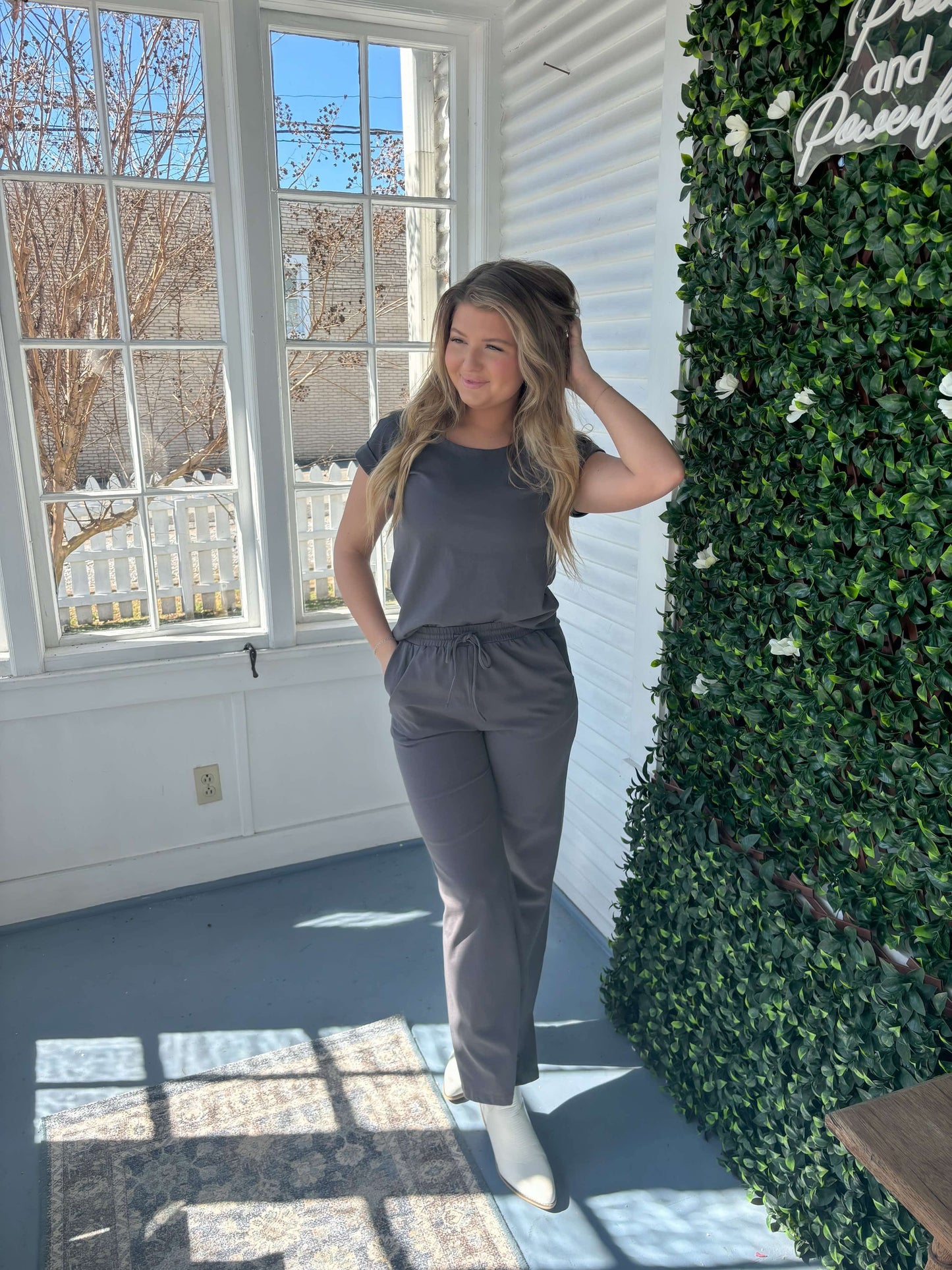 Cuff Sleeve and Wide Leg Pant Lounge Set