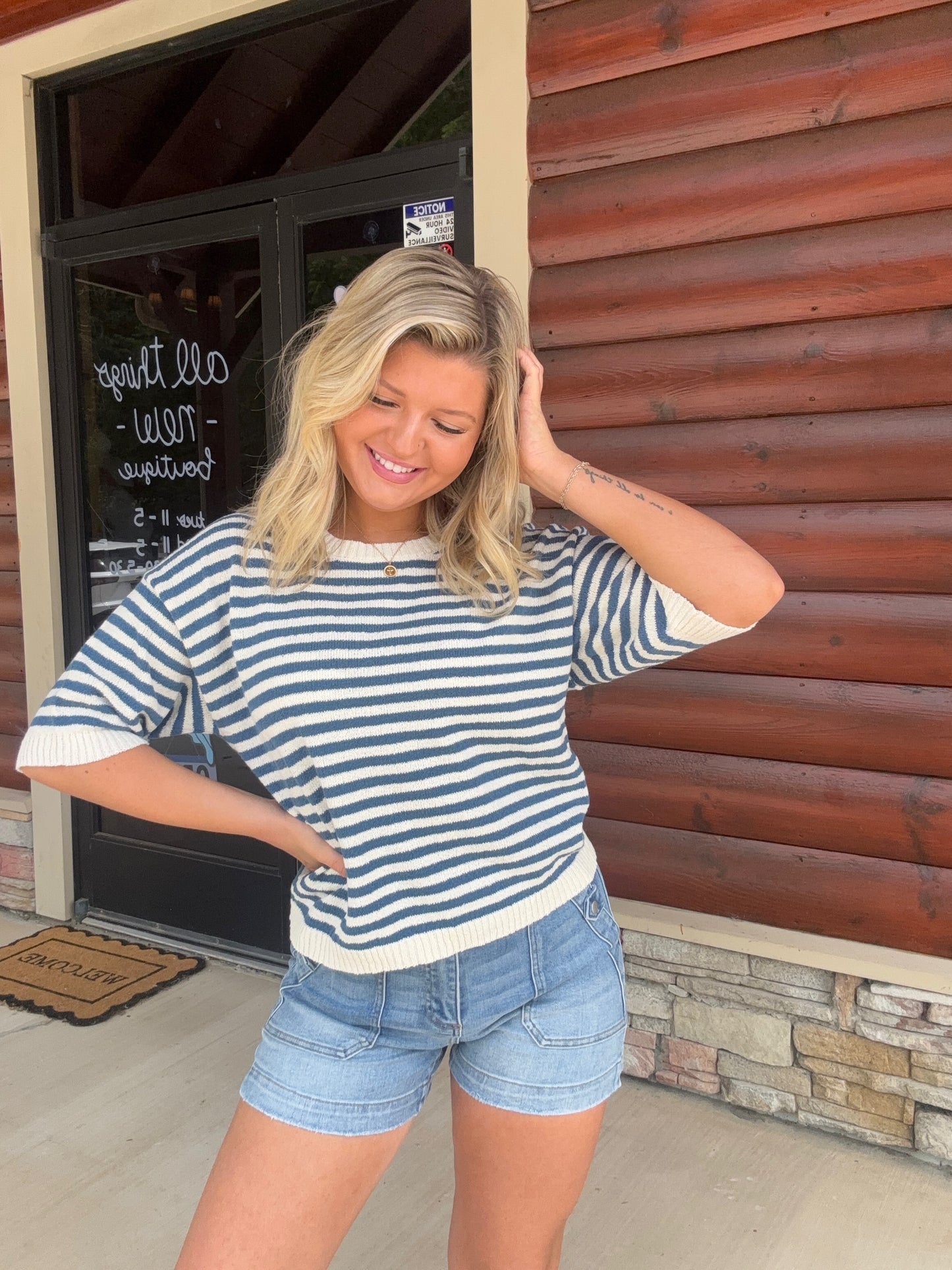 Stripe Contrast Trim SS Sweater