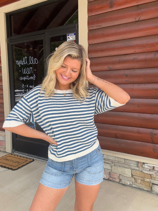 Stripe Contrast Trim SS Sweater