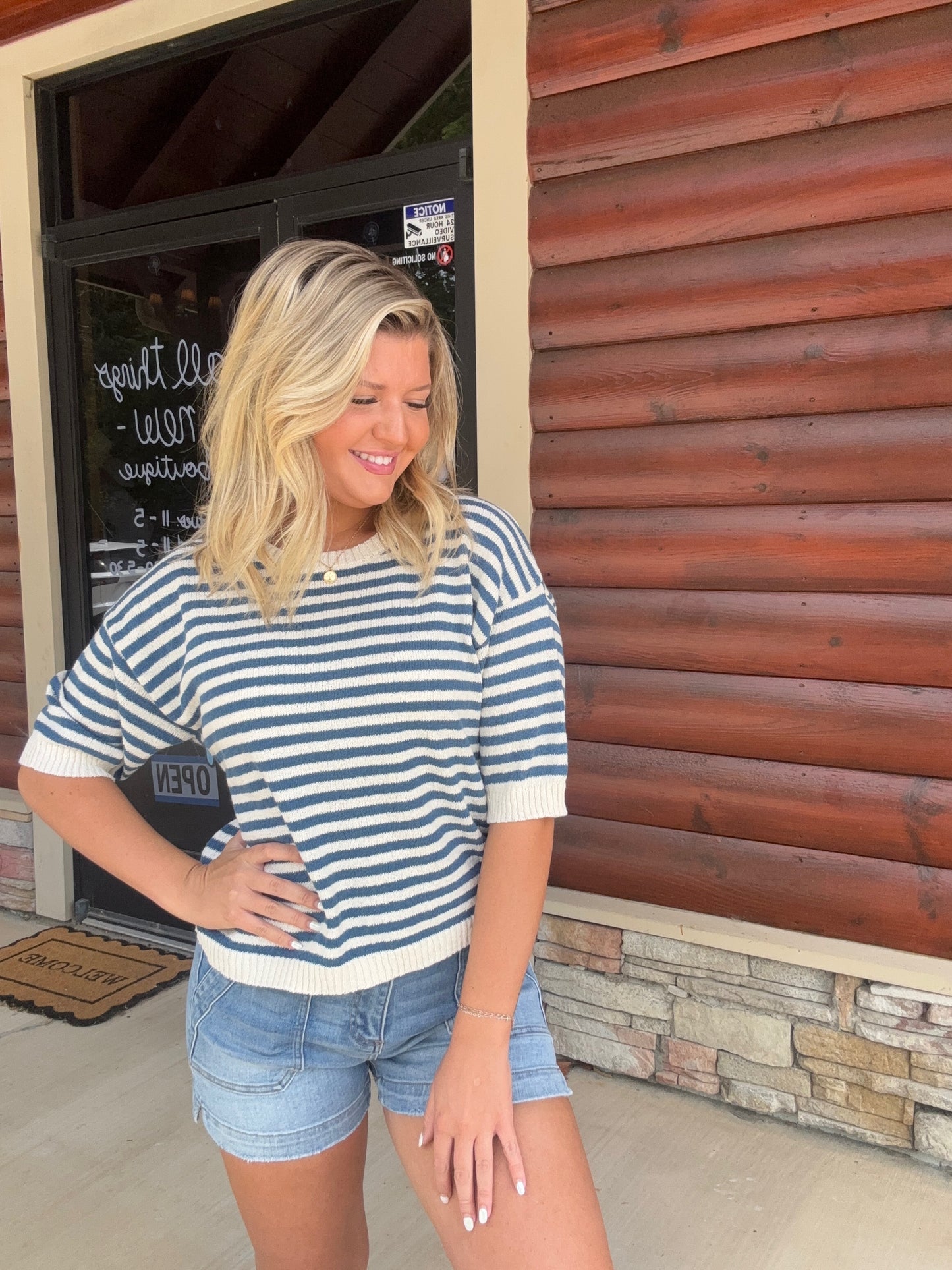 Stripe Contrast Trim SS Sweater