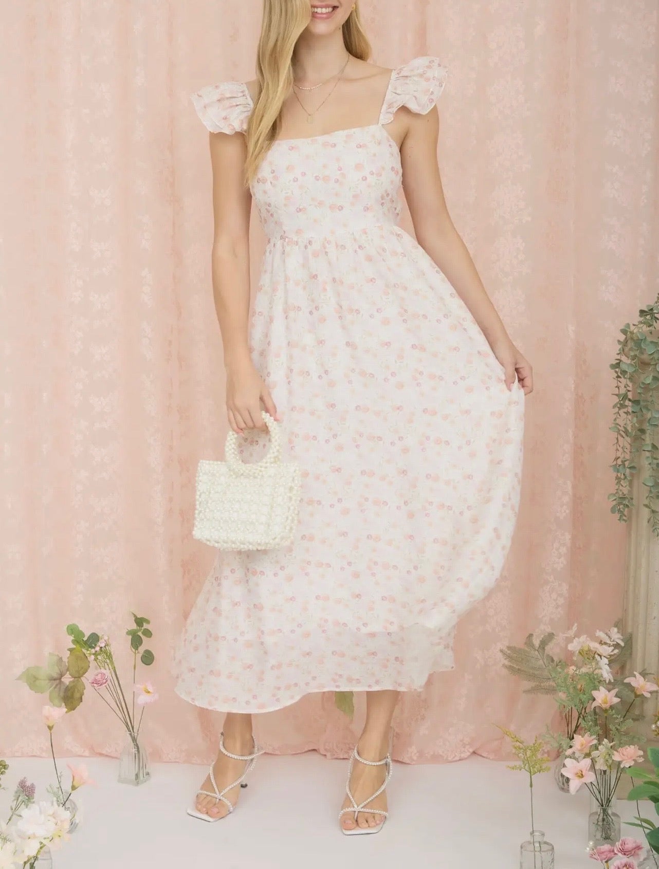 Floral Ruffle Strap Midi