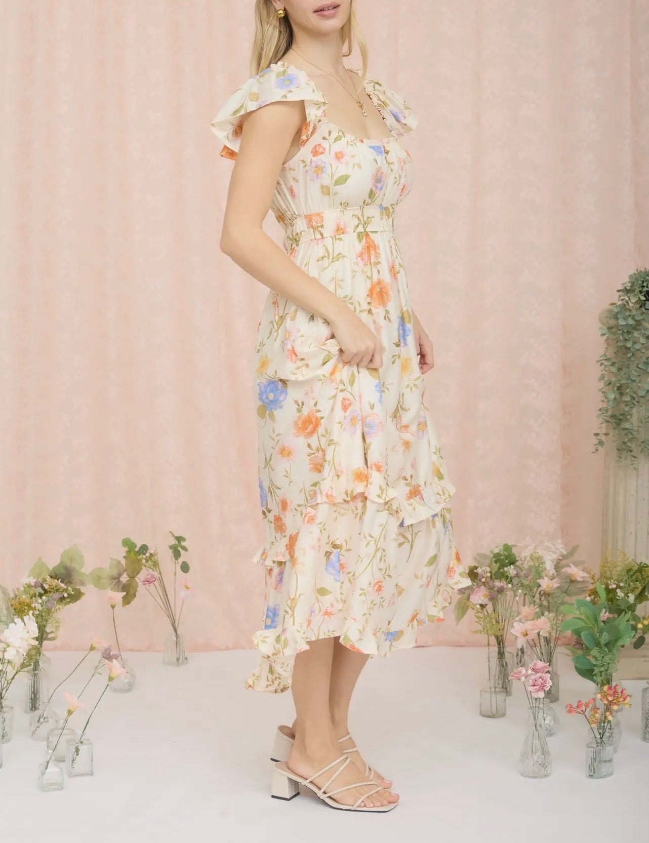 Floral Scoop Neck Ruffle SS Midi