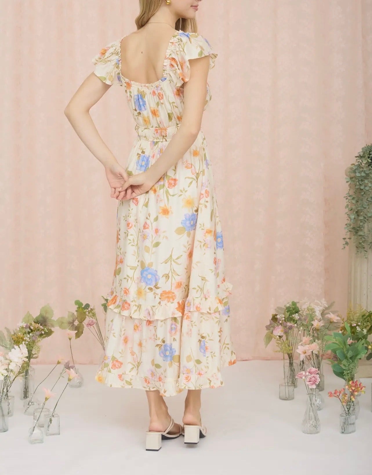 Floral Scoop Neck Ruffle SS Midi
