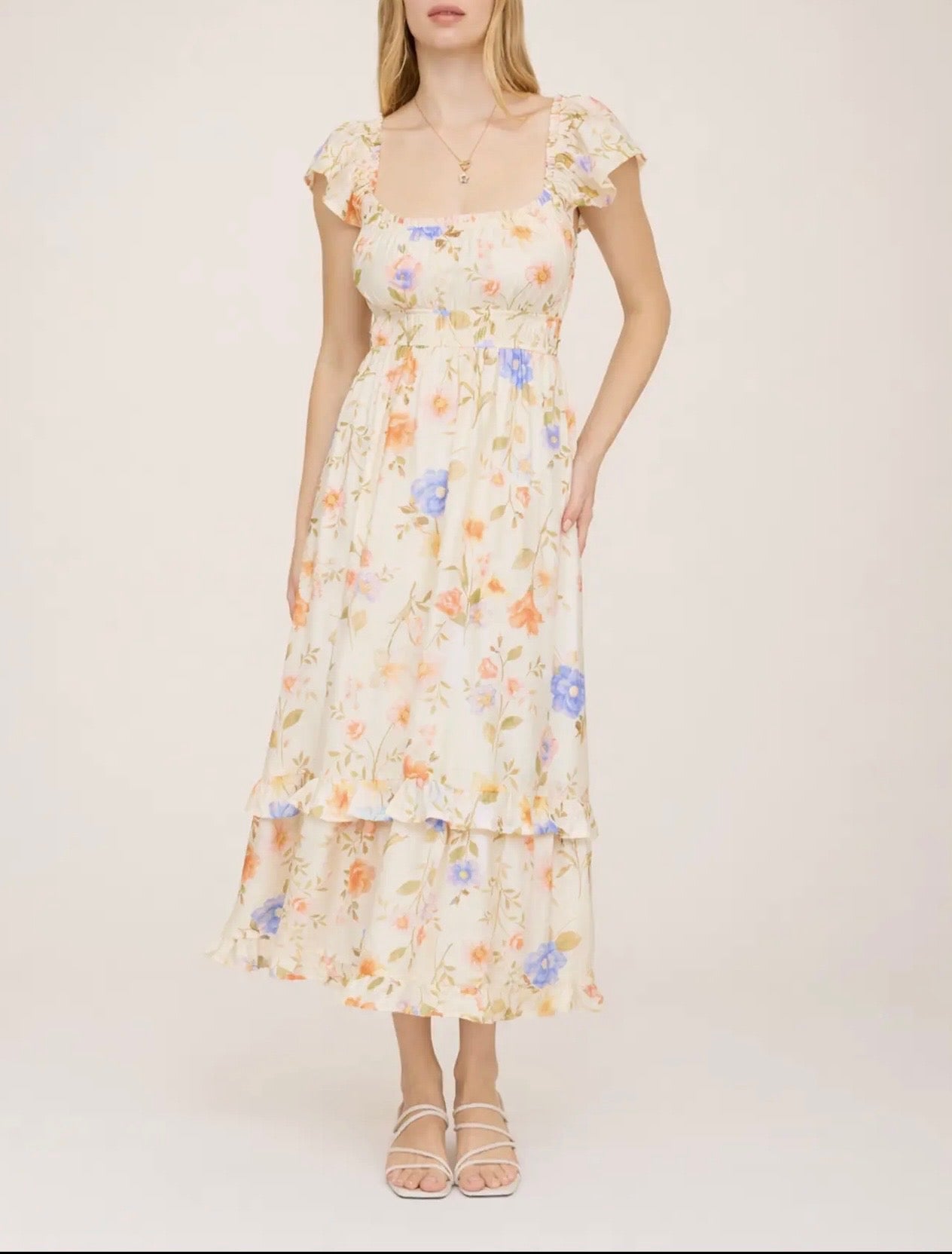 Floral Scoop Neck Ruffle SS Midi