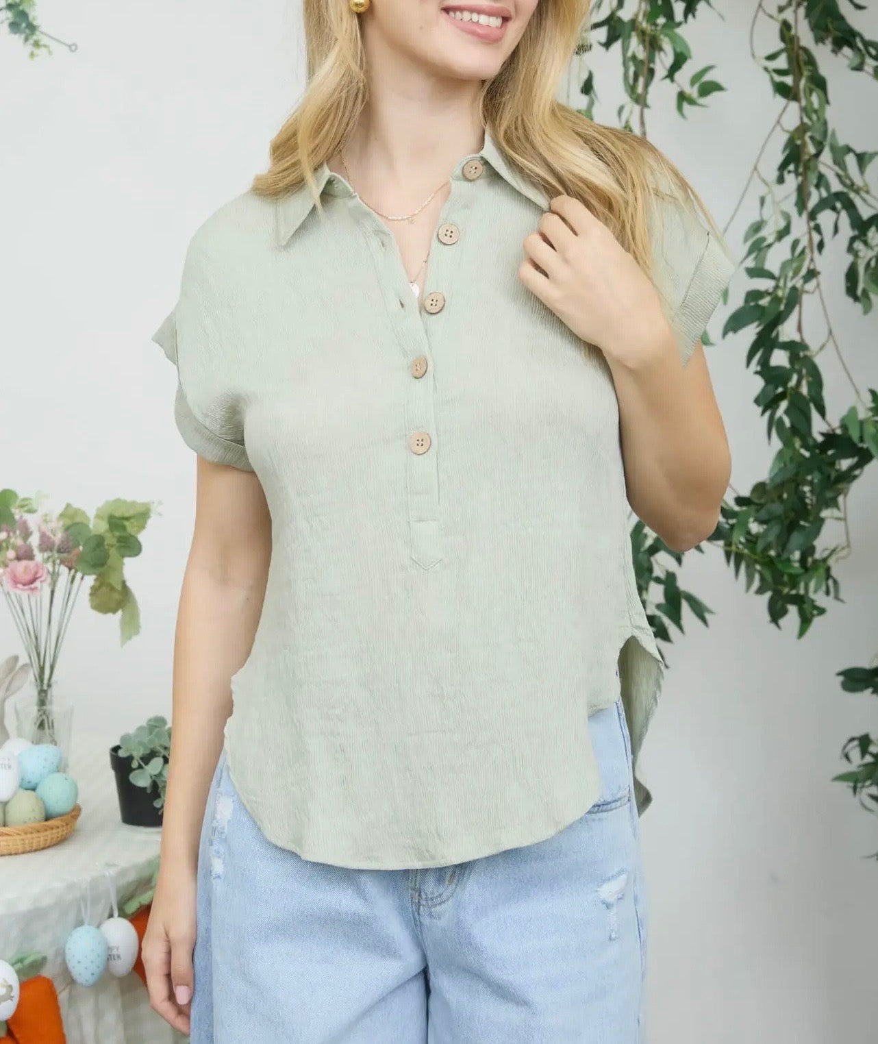 Collared Half Button SS Linen Blend Top