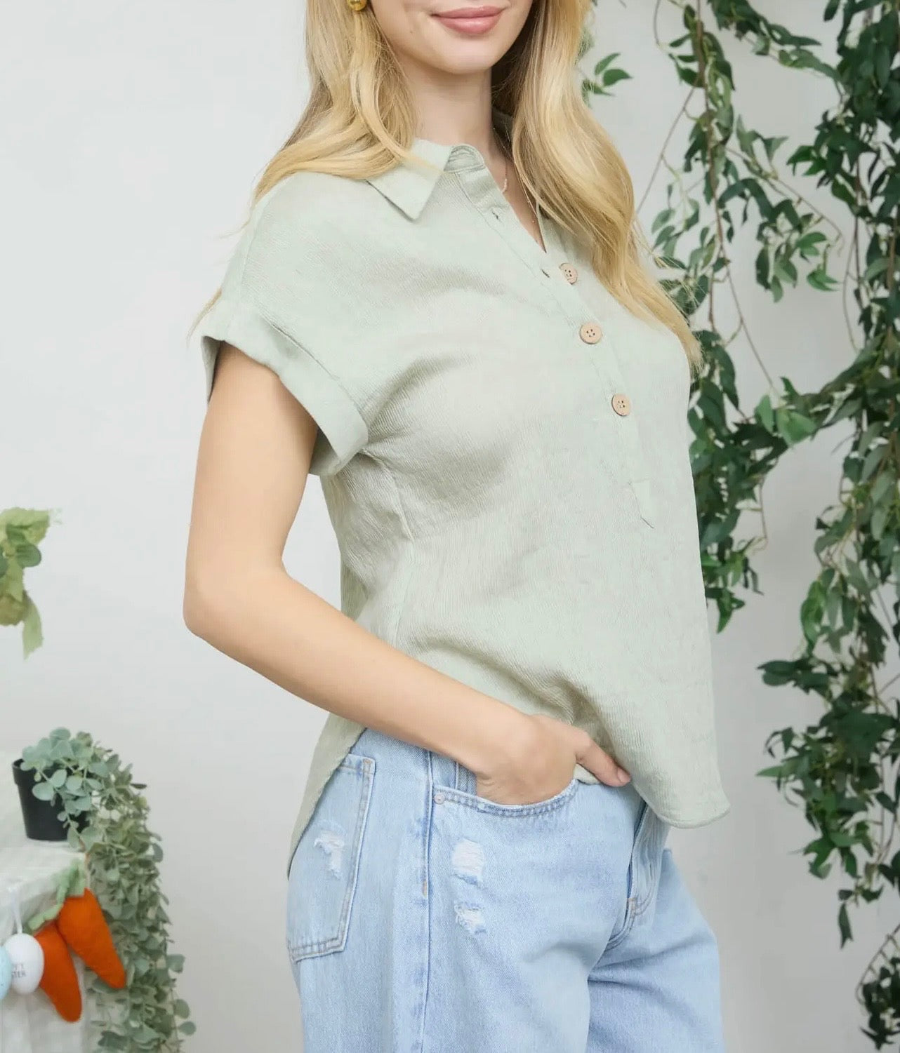 Collared Half Button SS Linen Blend Top