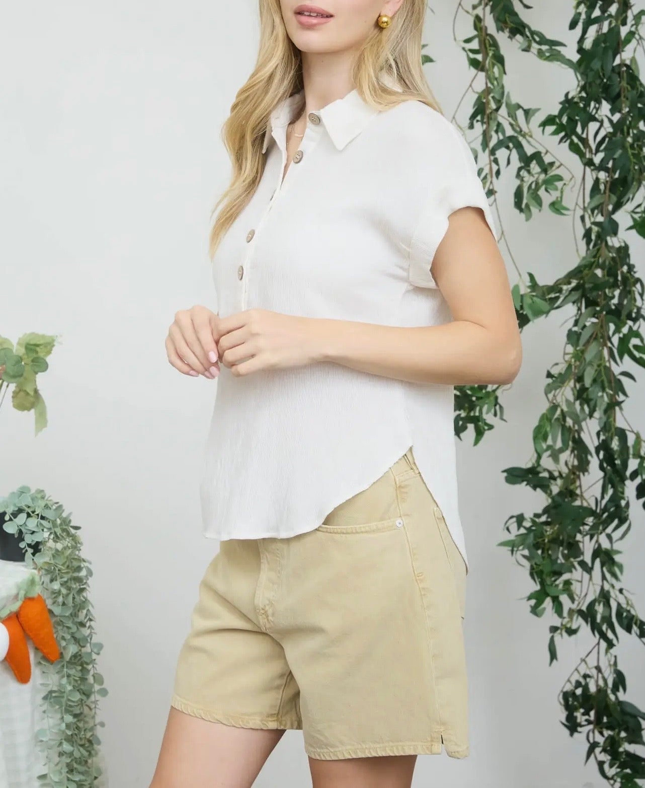 Collared Half Button SS Linen Blend Top