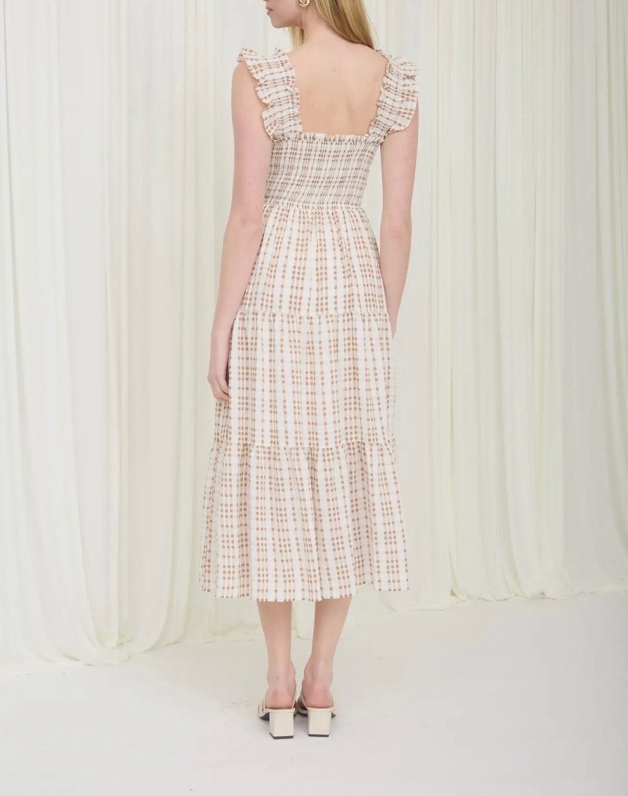 Plaid Smocked Ruffle Strap Tiered Midi