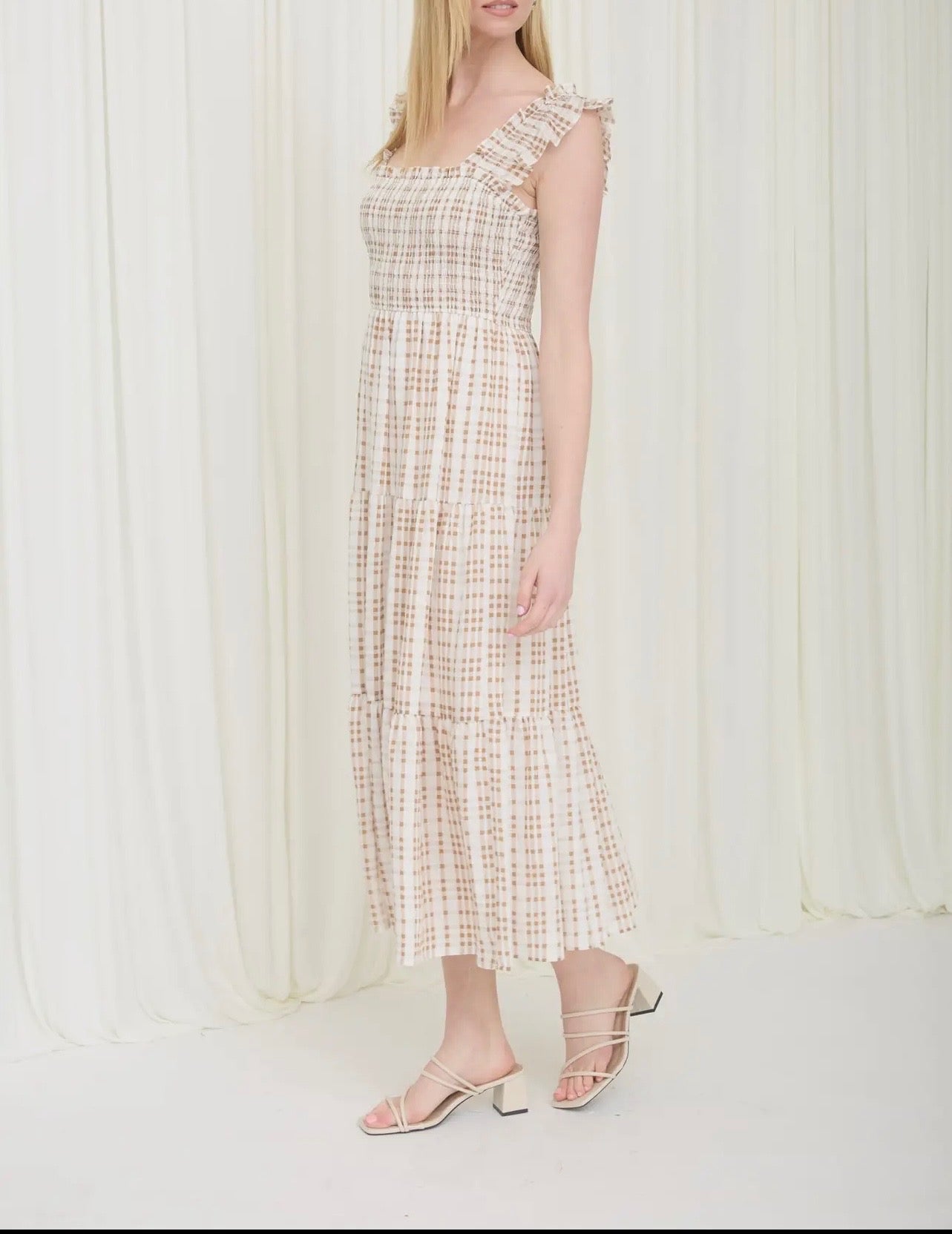 Plaid Smocked Ruffle Strap Tiered Midi