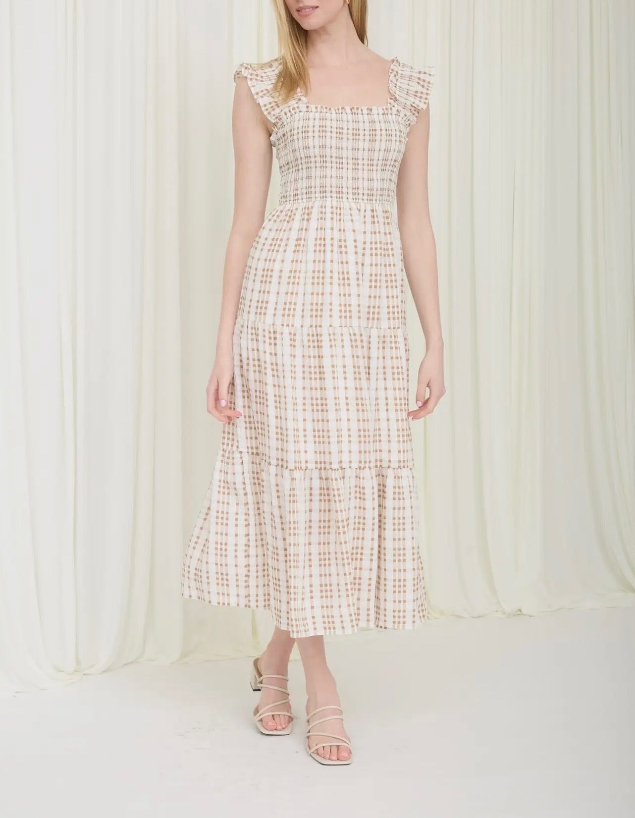 Plaid Smocked Ruffle Strap Tiered Midi