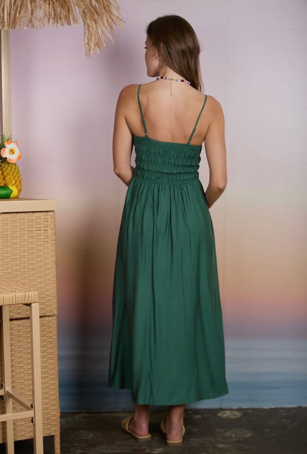 Shirred Bodice Spaghetti Strap Midi