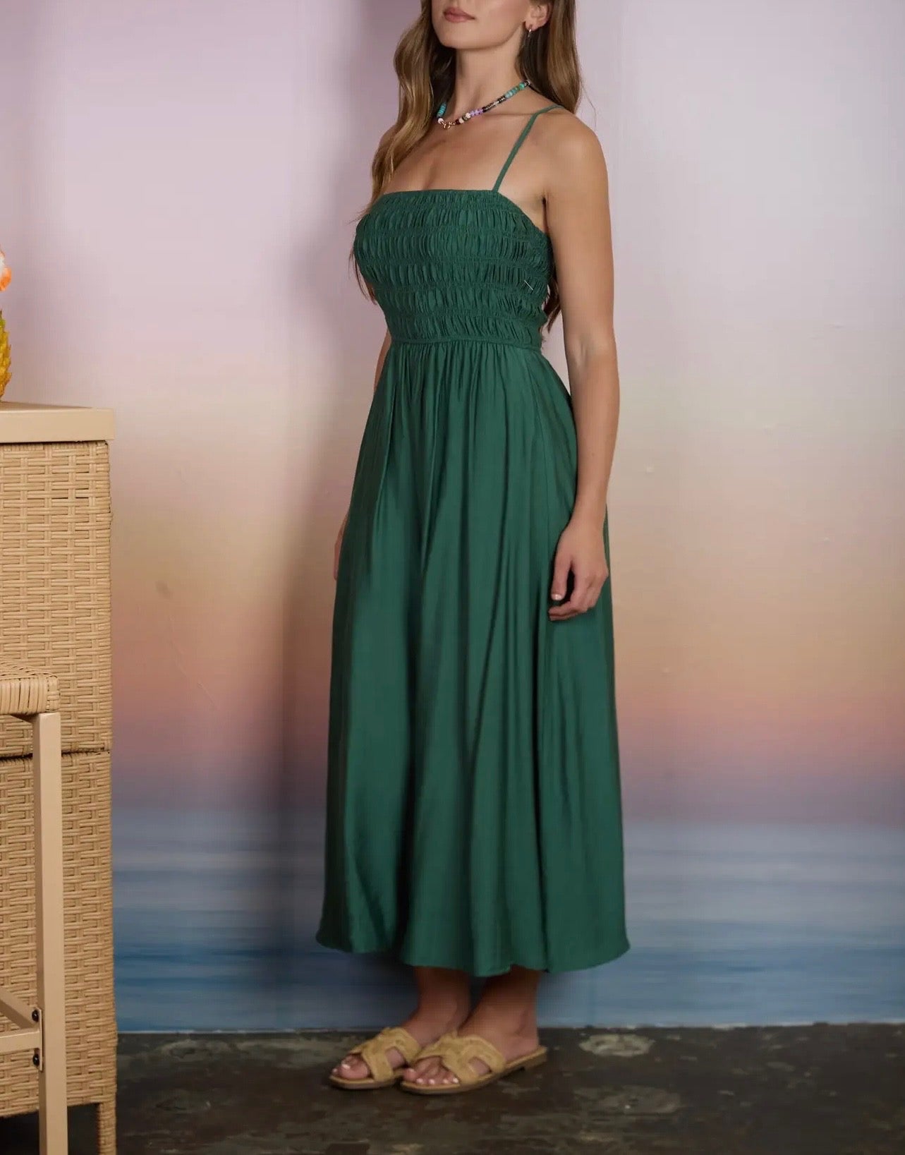 Shirred Bodice Spaghetti Strap Midi
