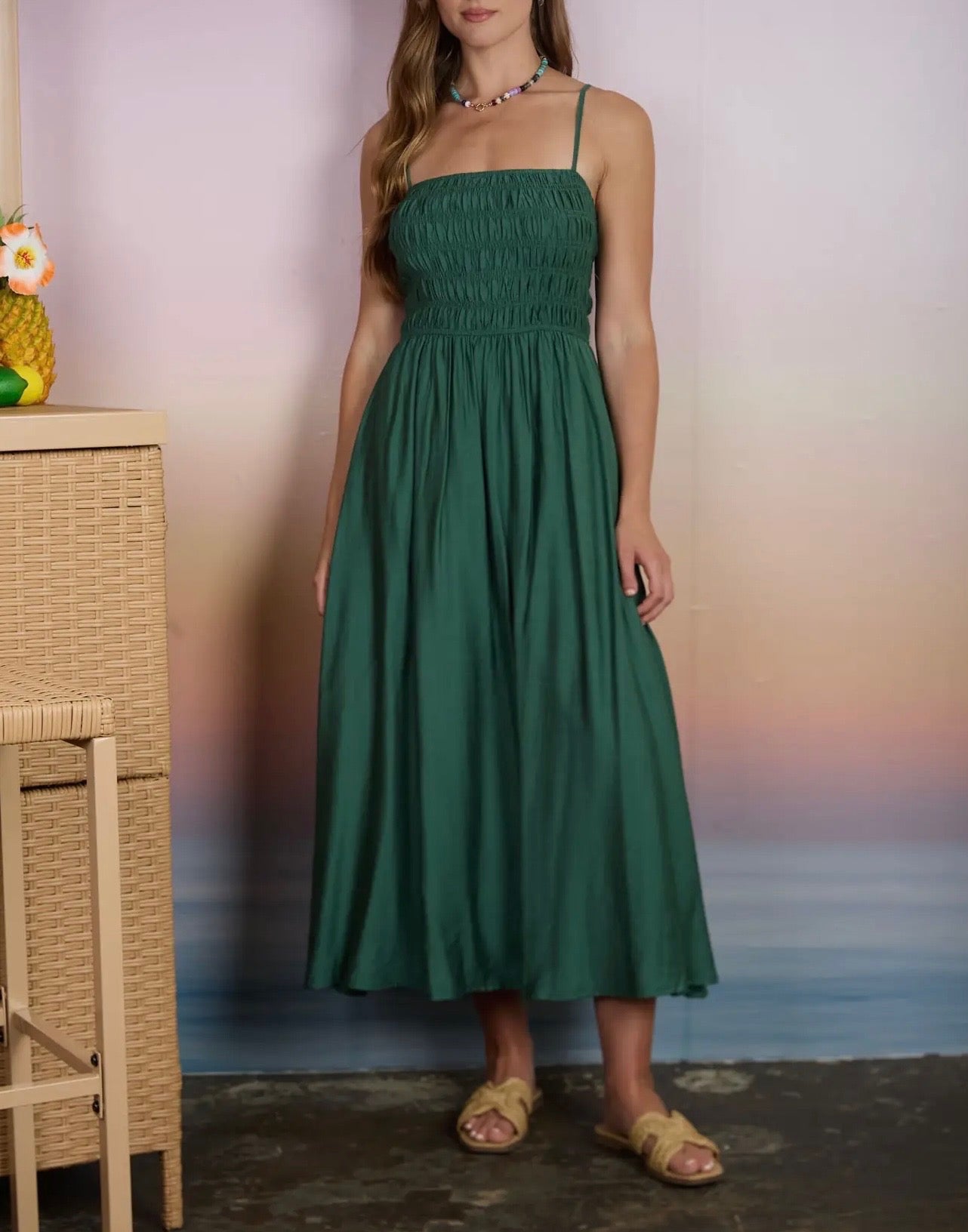 Shirred Bodice Spaghetti Strap Midi