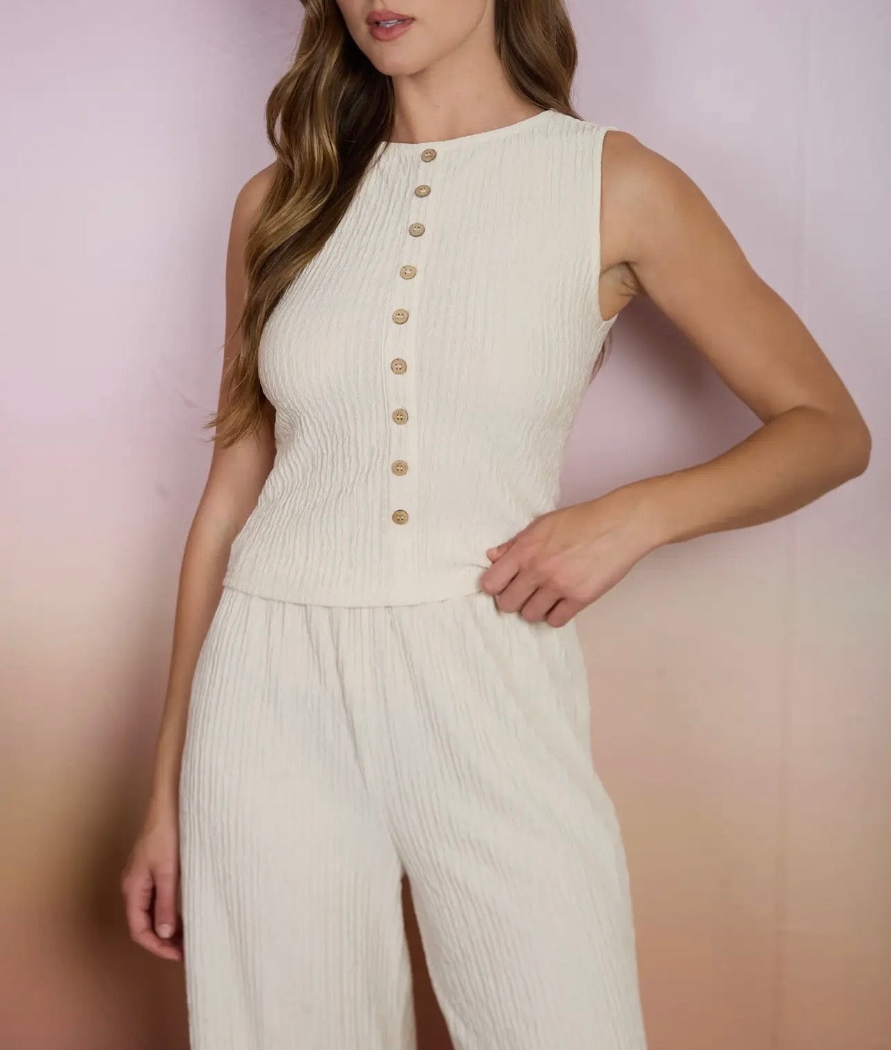 Textured Mock Button Sleeveless Top