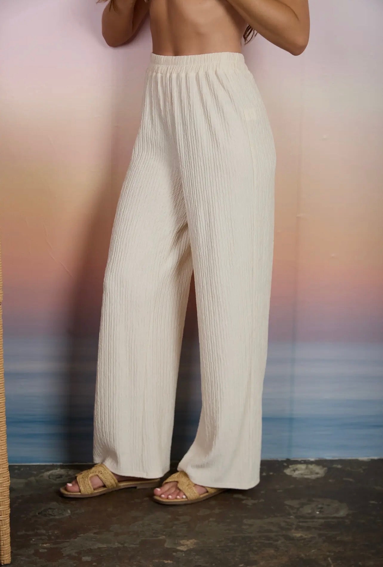 Textured Knit Elastic Waist Pants