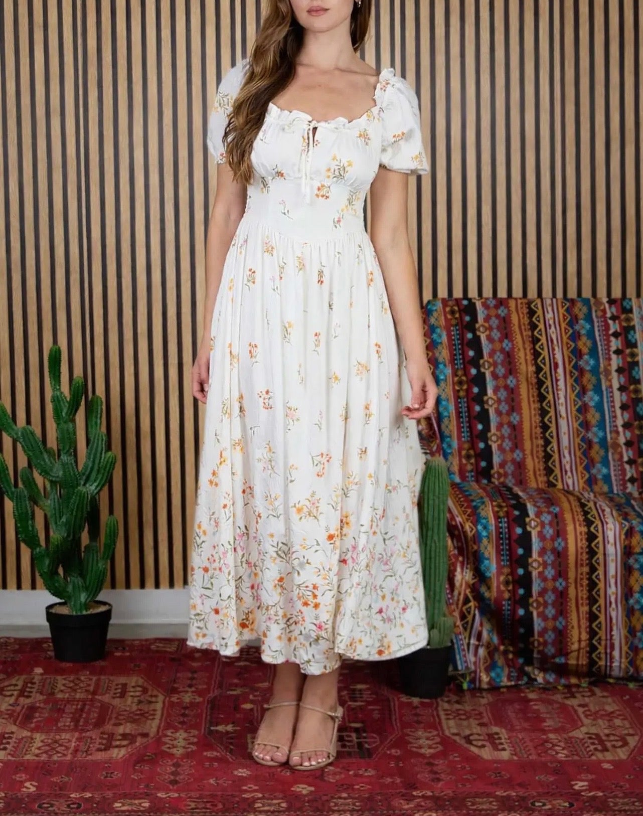 Falling Floral Puff Sleeve Corset Midi