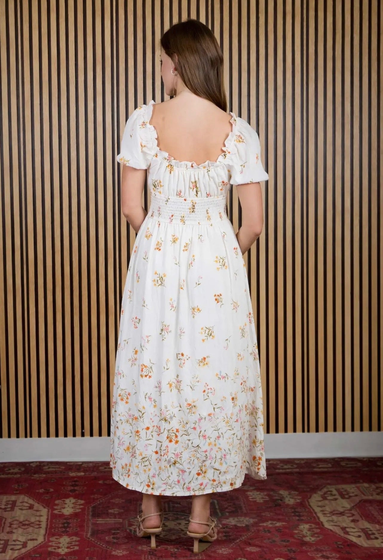Falling Floral Puff Sleeve Corset Midi