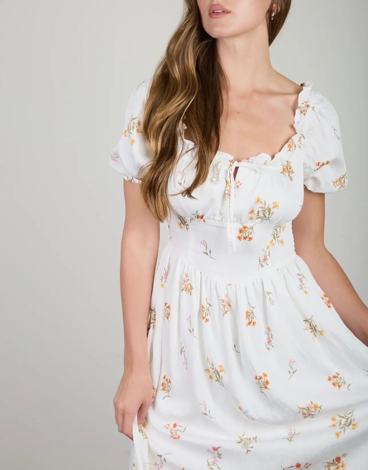 Falling Floral Puff Sleeve Corset Midi