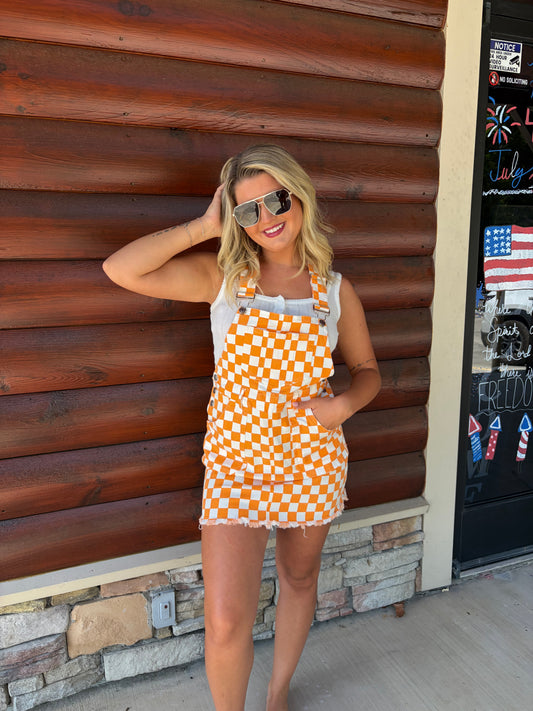 Orange Checkered Overall Dress