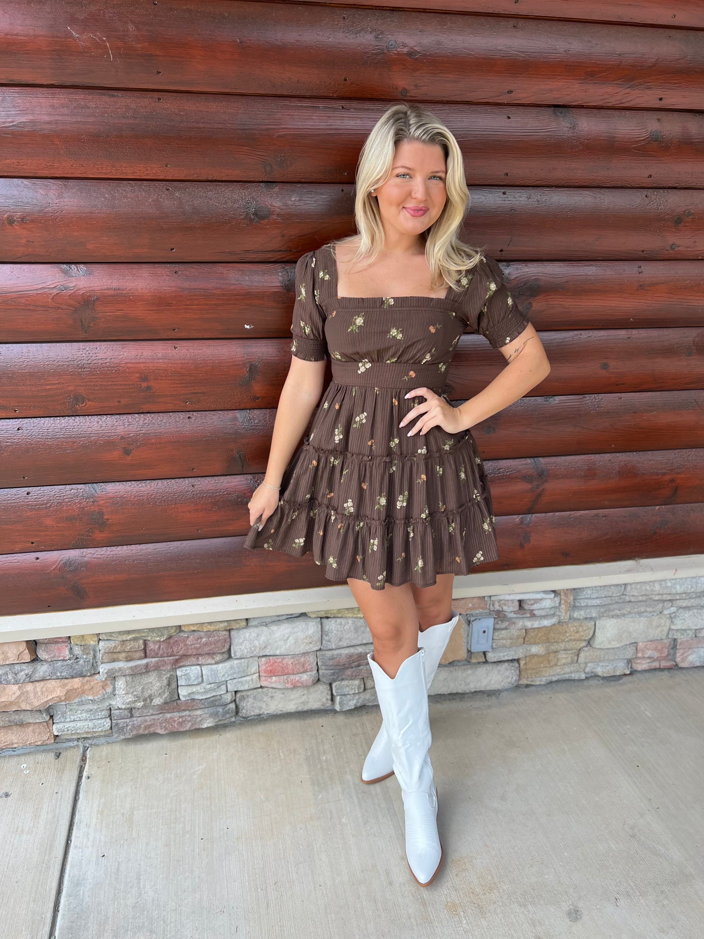Brown Floral Tiered Mini Dress